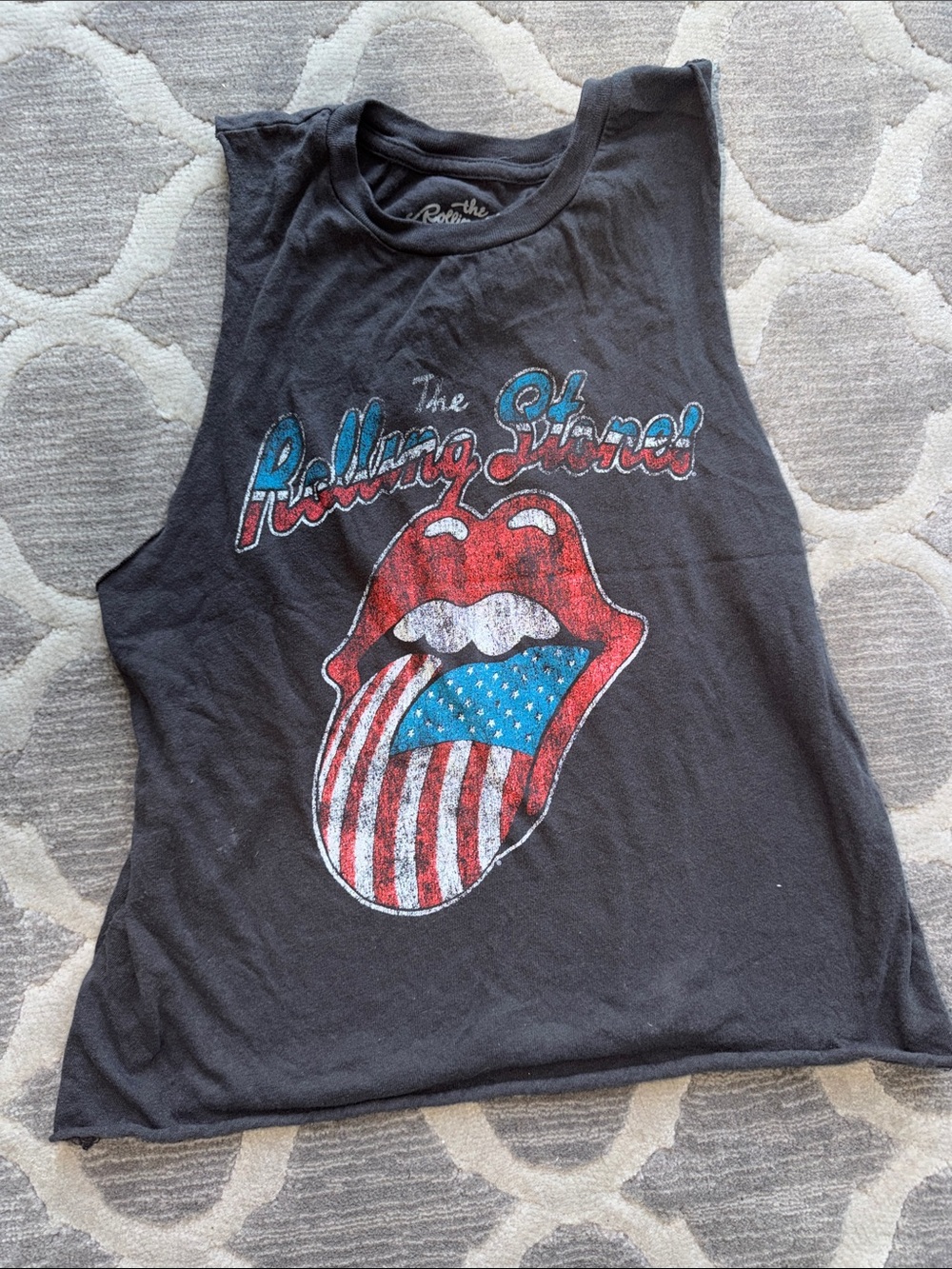the Rolling Stones Black Kids Tank with Red, White & Blue Tongue Graphic